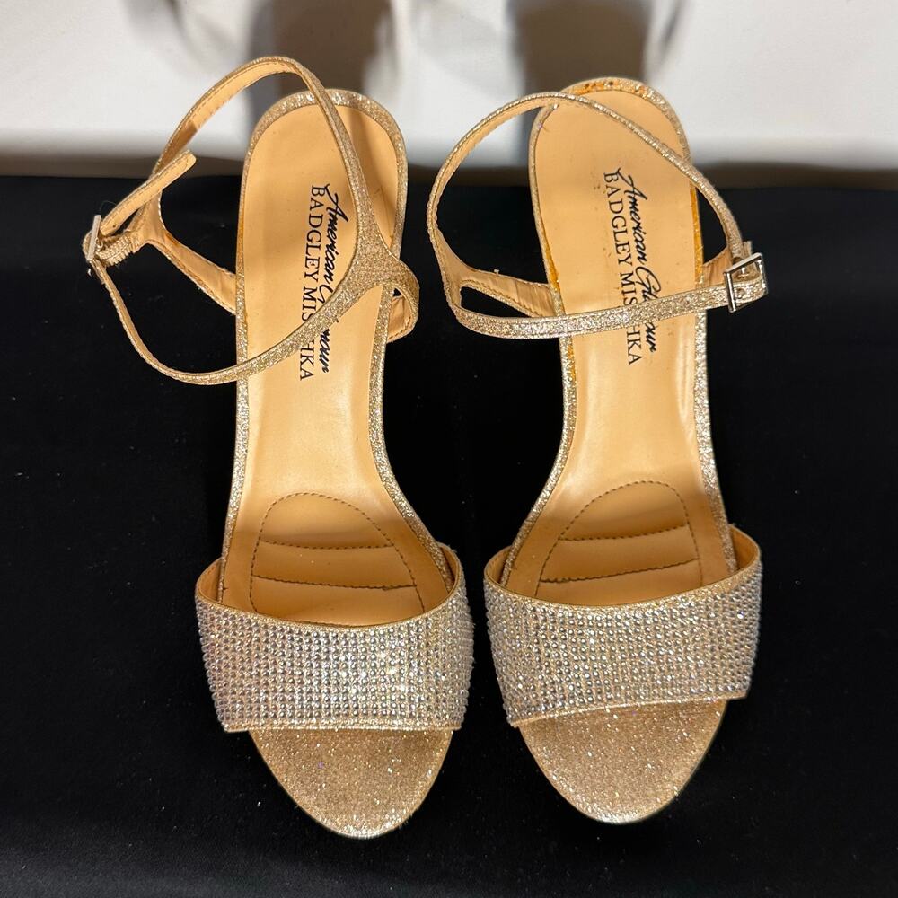 American Glamour Badgley Mischka Gold Glitter Strappy Heels Sz 6